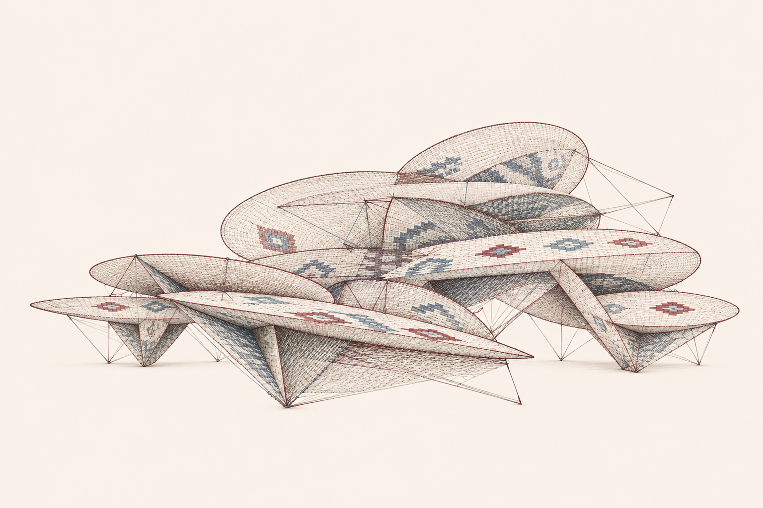 Artistic interpretation of the National Museum of Qatar, its interlocking discs woven from carpet threads and geometric motifs